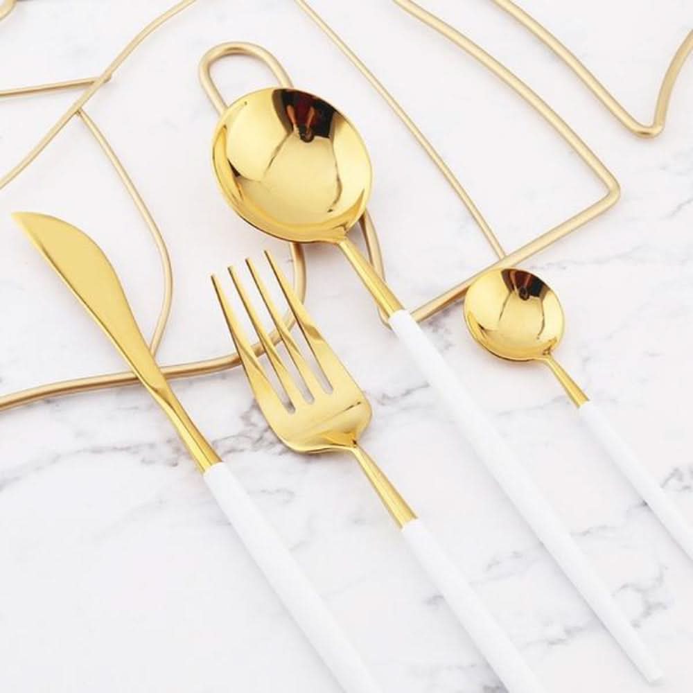 BowLift | Gold Stainless Steel Cutlery Set with White Handles