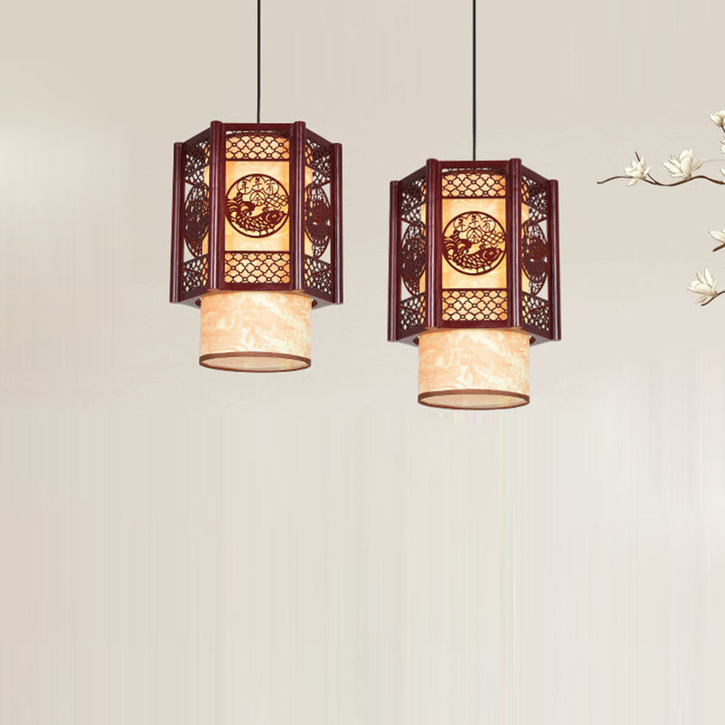BowLift | Traditional Chinese Wood-PVC Cylinder Lantern Carved Fish 1-Light Pendant Lamp for the Dining Room