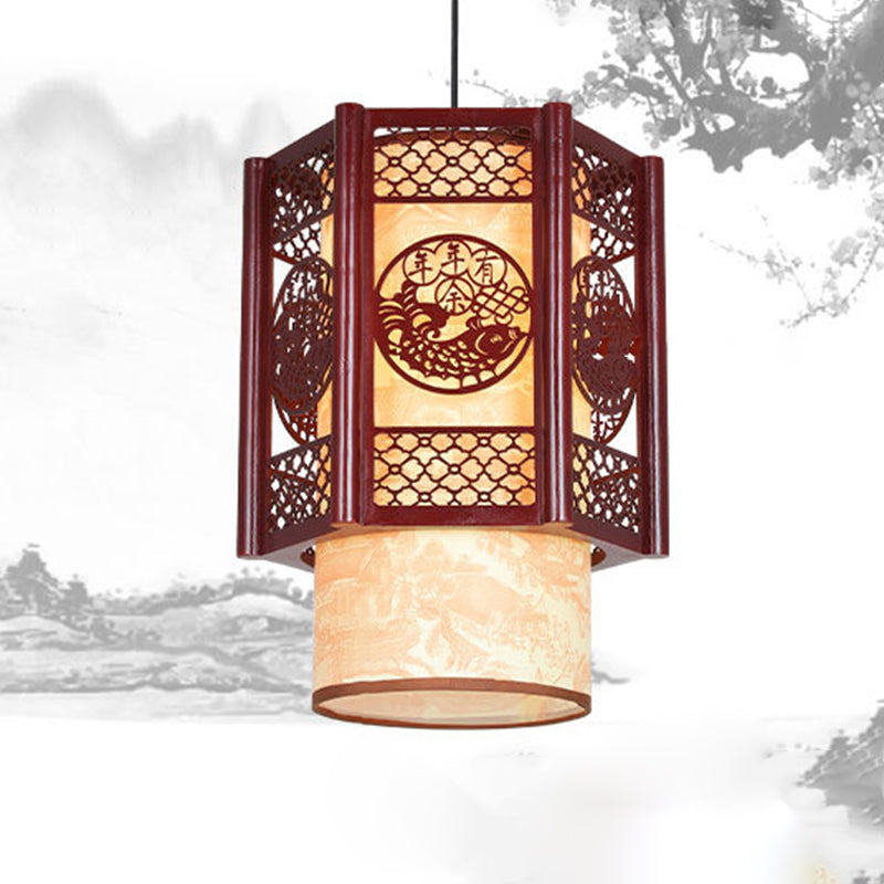 BowLift | Traditional Chinese Wood-PVC Cylinder Lantern Carved Fish 1-Light Pendant Lamp for the Dining Room