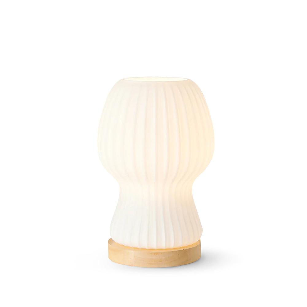 BowLift | GlowBeam – Folded Glass Table Lamp with Wooden Accent