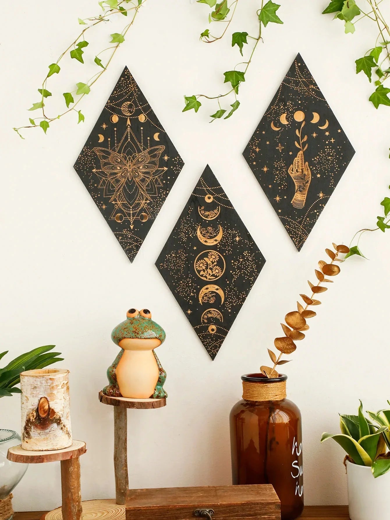 BowLift | Black Moon Phases Wooden Wall Decoration Rhombus Wall Art Boho Home Decor Witch Tapestry Decoration Room Decor Aesthetic Gift