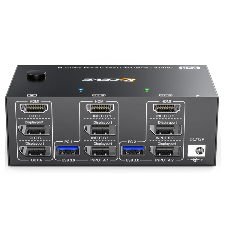BowLift | KC-KVM203DH Triple Monitor KVM Switch | 8K 30Hz & 4K 144Hz | HDMI 2.1 & DP 1.4 | 4-Port USB 3.0 Hub | Extended & Mirror Mode | EU Plug