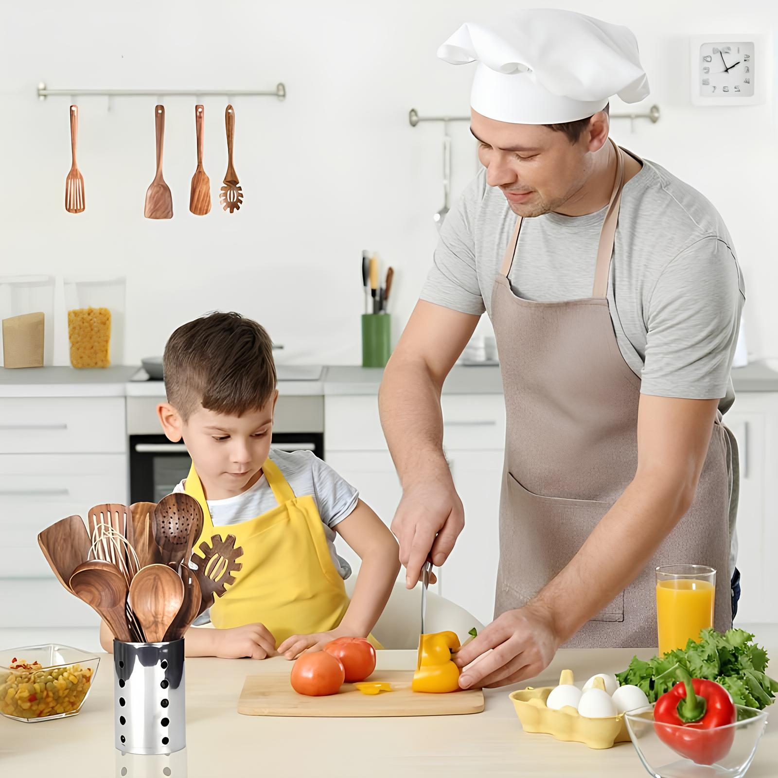 BowLift | 11-Piece Kitchen Utensil Set Made of Teak – Including Holder – Natural Look for the Kitchen