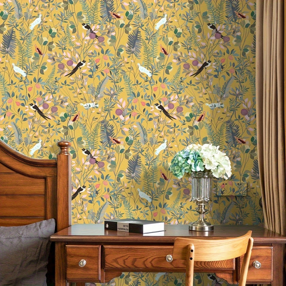 BowLift | Golden Canopy Bird and Leaf Peelable Wallpaper
