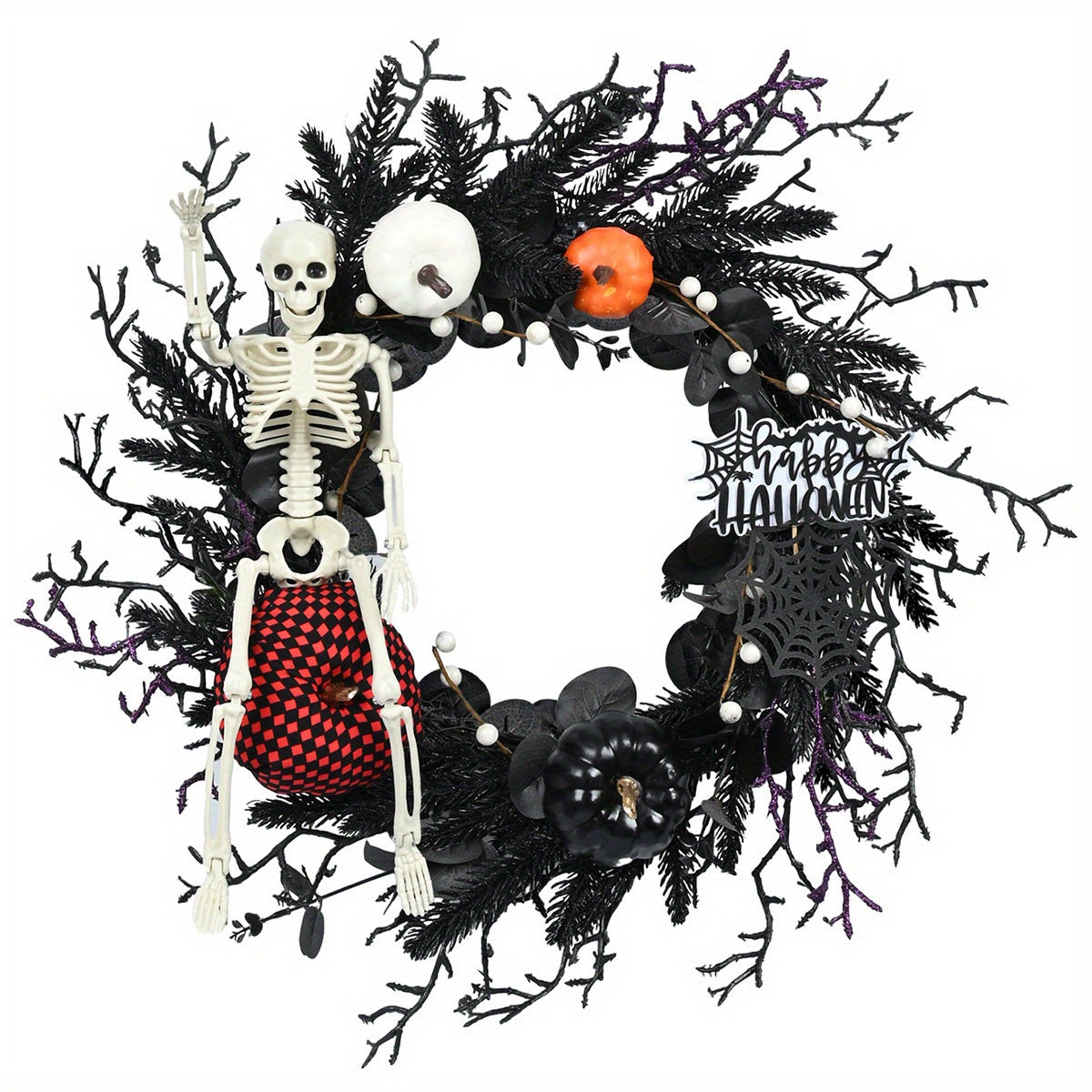 BowLift | Gothic Skeleton Pumpkin Halloween Wreath for Door – Spooky Decor with Faux Pumpkins and Eerie Accents