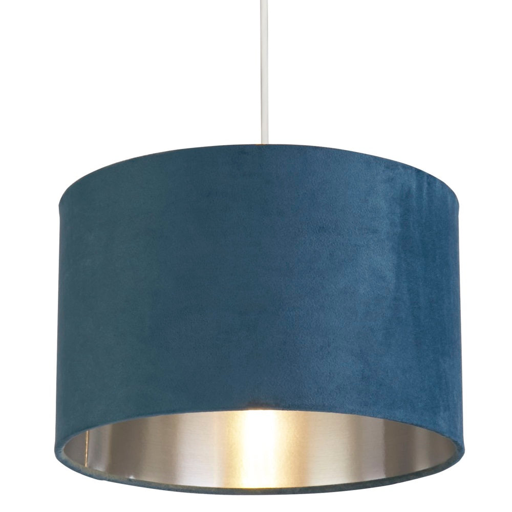 BowLift | Teal Blue Velvet Vintage Easy Fit Drum Shade with Silver Interior 28cm