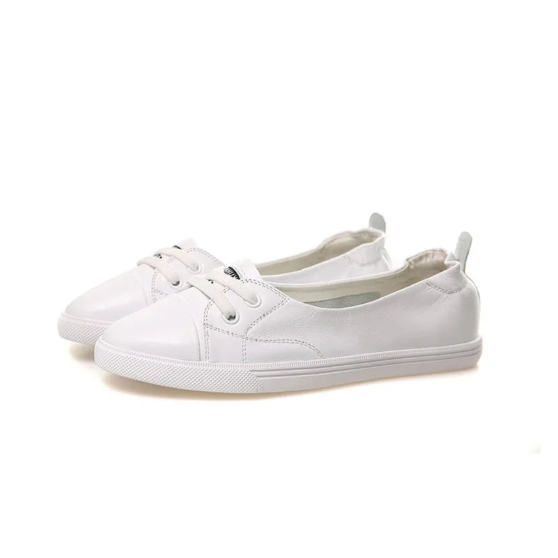 BowLift | 100% Genuine Leather Shoes Women Flat Casual Shoes Soft Cowhide White Flats