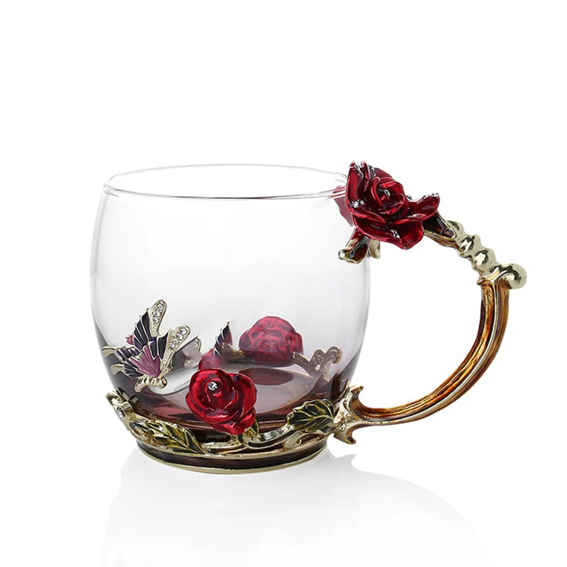 BowLift | Handcrafted Enamel Coffee Mugs Rose-Glass Tea Cup with Steel Spoon Luxury Unique Gifts for Wedding Valentine's Day Birthday Gifts