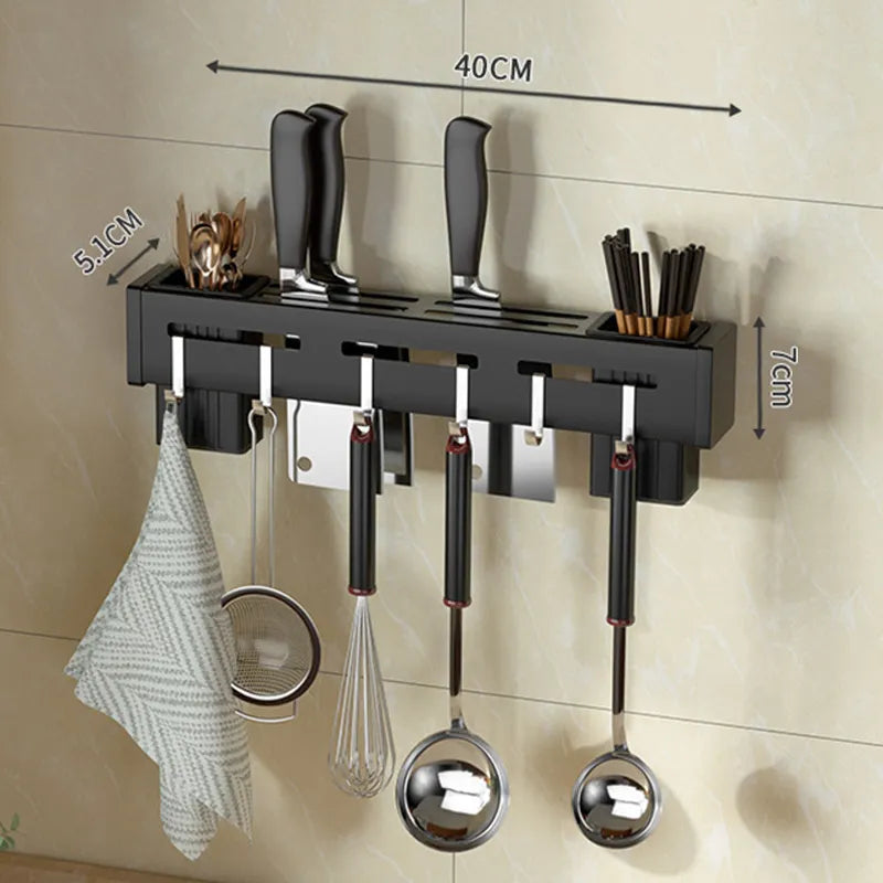 BowLift | Organize Your Kitchen: Stainless Steel Wall-Mounted Knife Holder Shelf - Nail-Free Storage Shelf with Hooks for Cutlery - Cabinet Organizer for a Tidy Kitchen