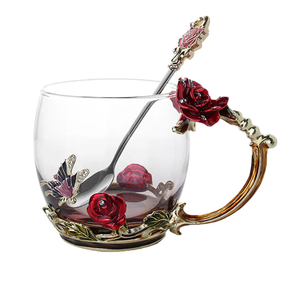 BowLift | Handcrafted Enamel Coffee Mugs Rose-Glass Tea Cup with Steel Spoon Luxury Unique Gifts for Wedding Valentine's Day Birthday Gifts