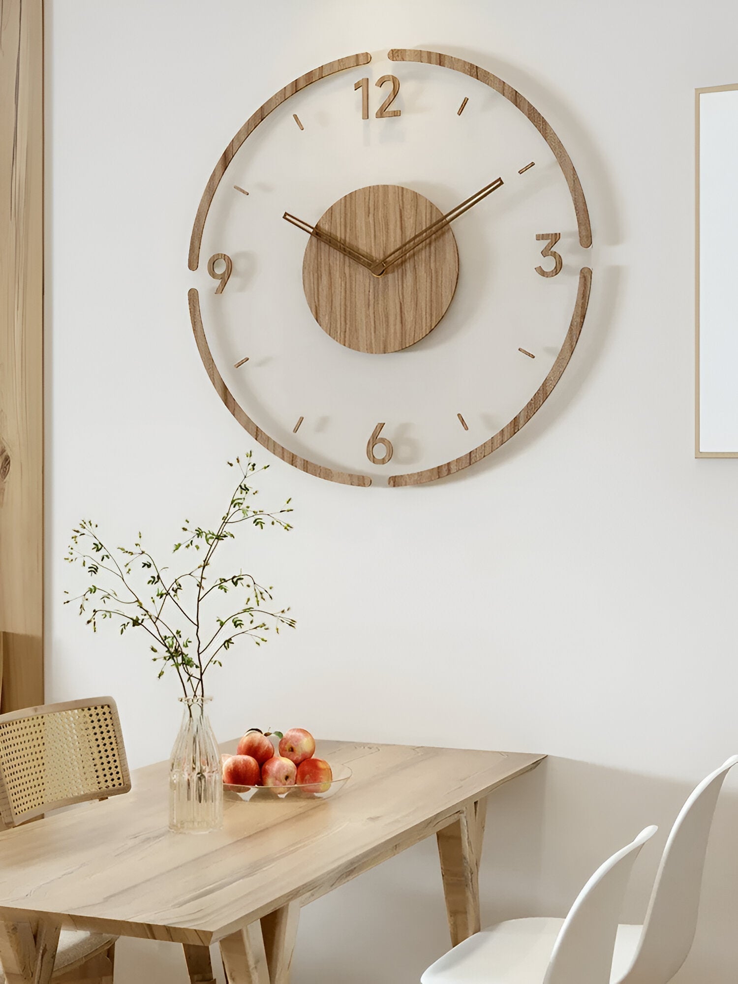 BowLift | ClearWood Transparent Wall Clock – Silent Quartz with Wooden Details