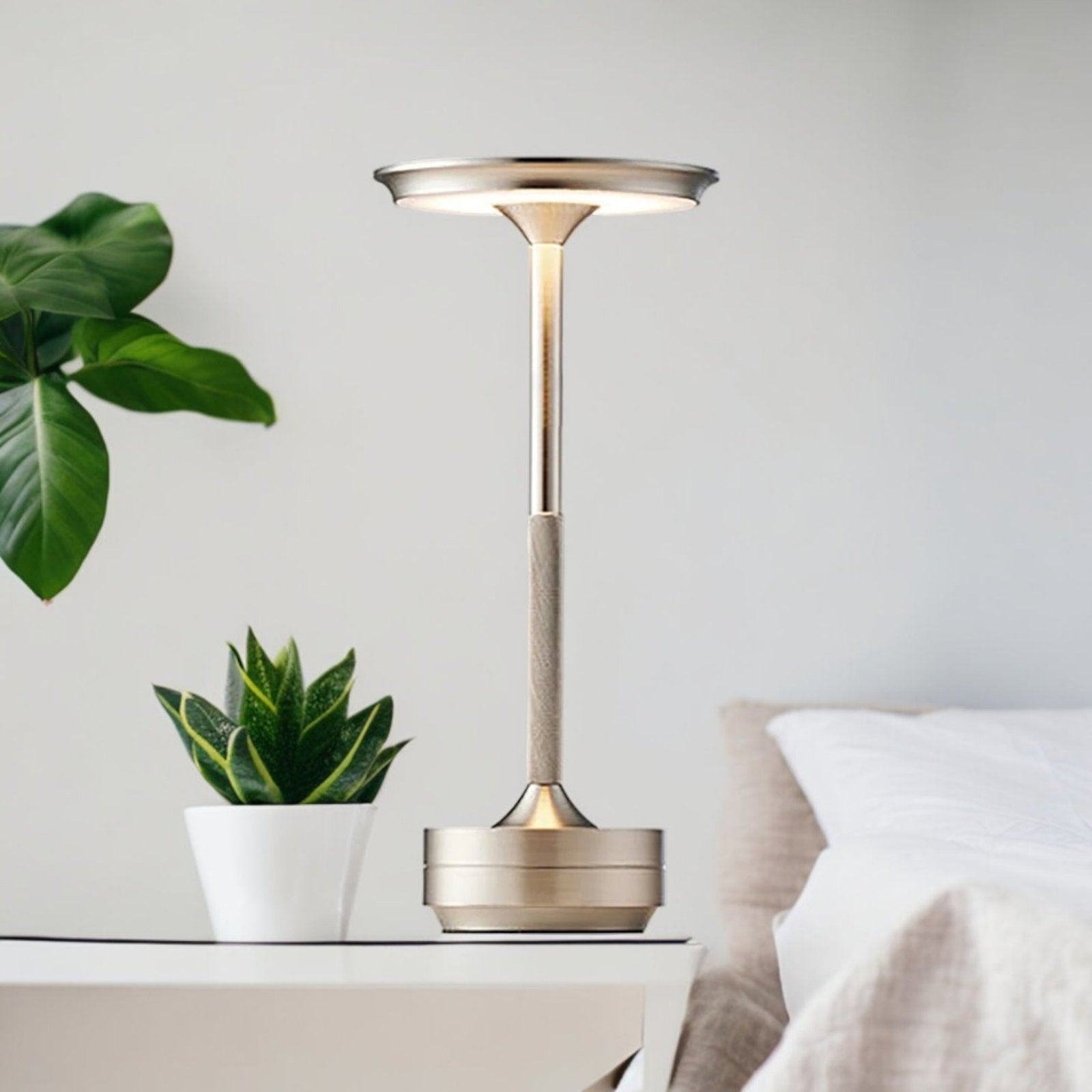 BowLift | Cordless Rechargeable Modern Aura Table Lamp with Touch Controls | Wireless LED Light for Modern Side Tables and Office Desks | Minimalist Table Lamp