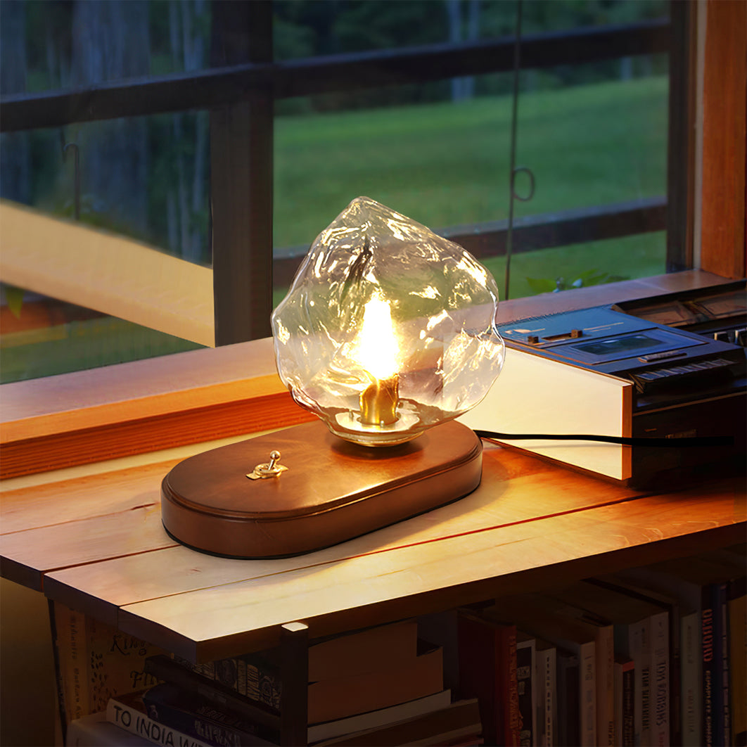 BowLift | RusticLume – Amber Glass and Wooden Table Lamp