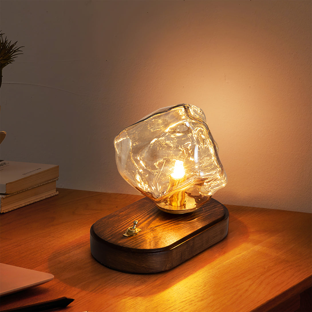 BowLift | RusticLume – Amber Glass and Wooden Table Lamp