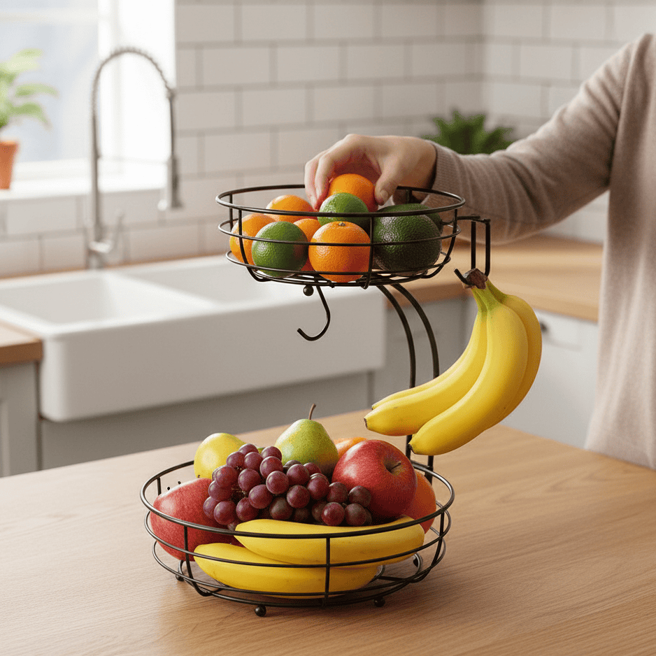 BowLift | 2-Tier Fruit Stand with Banana Holder in Scandinavian Design