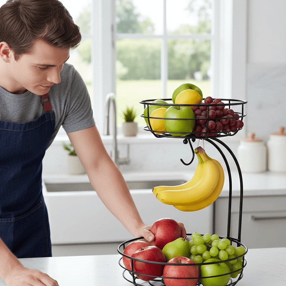BowLift | 2-Tier Fruit Basket with Banana Holder for Stylish Kitchen Organization