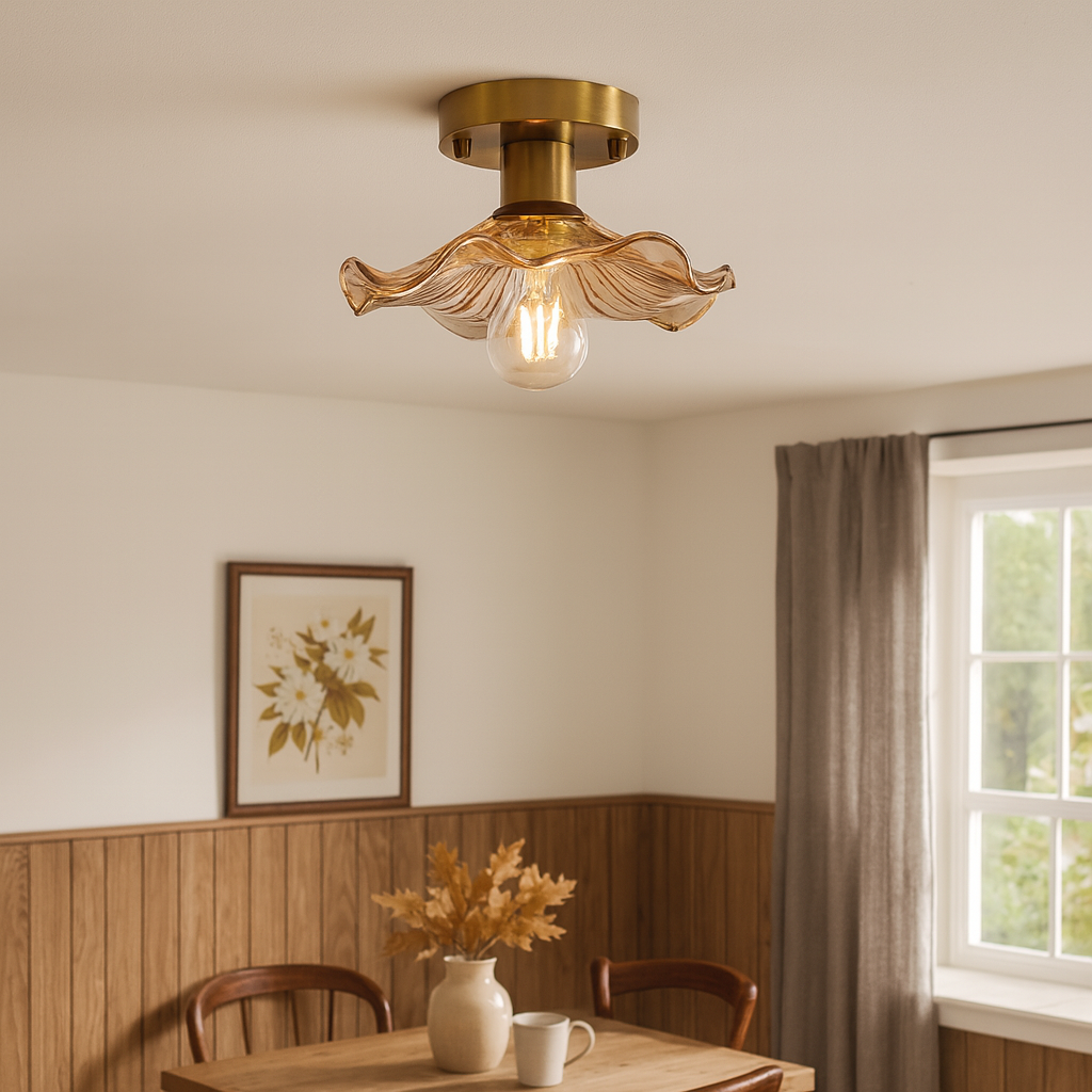 BowLift | Hibiscus Ceiling Lamp with Green Glass and Brass Finish – Modern LED Lamp for Living Room and Bedroom