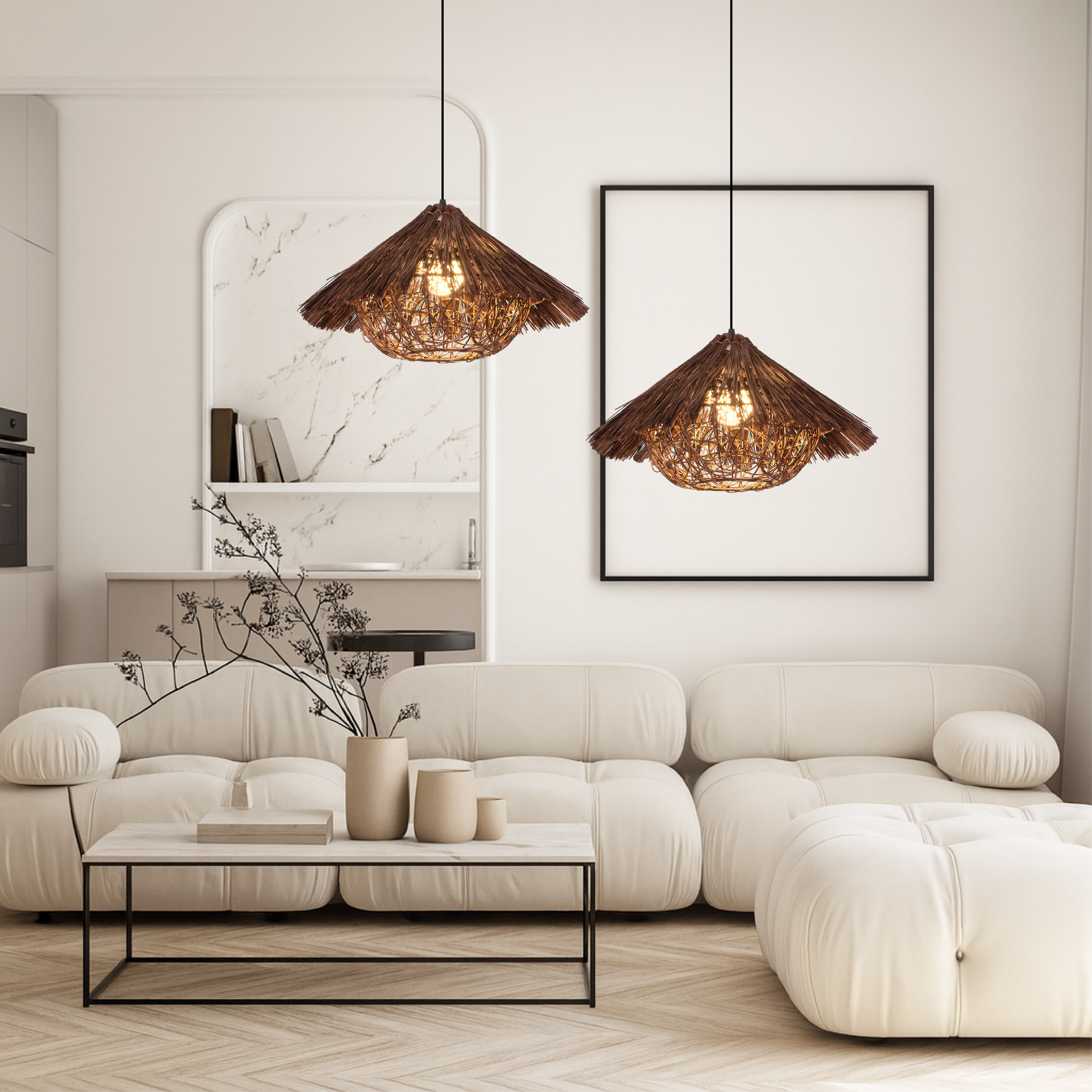BowLift | HANSI Rattan Pendant Lamp – Adjustable Height, Warm Light for Living Room, Dining Room, and Above Table