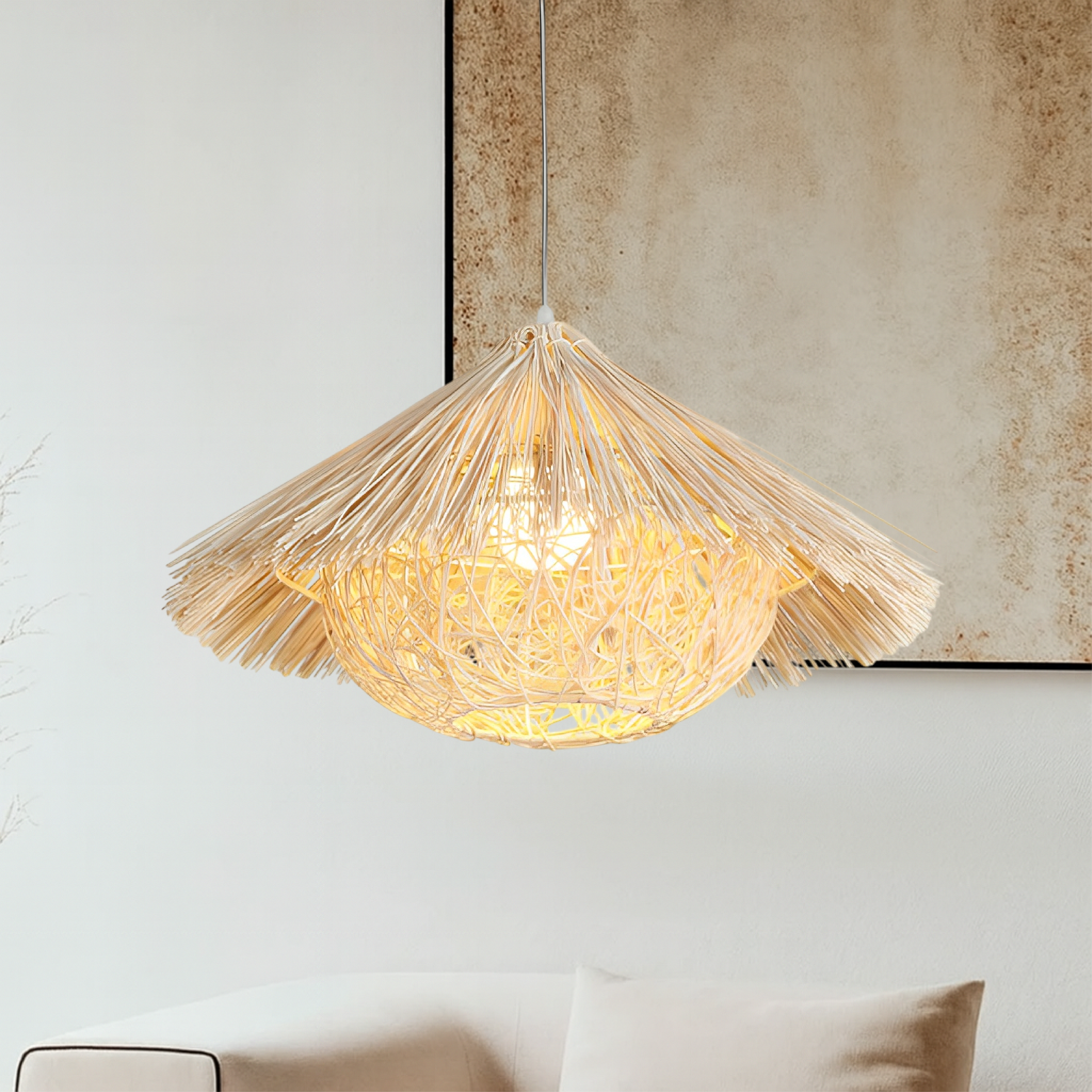 BowLift | HANSI Rattan Pendant Lamp – Adjustable Height, Warm Light for Living Room, Dining Room, and Above Table