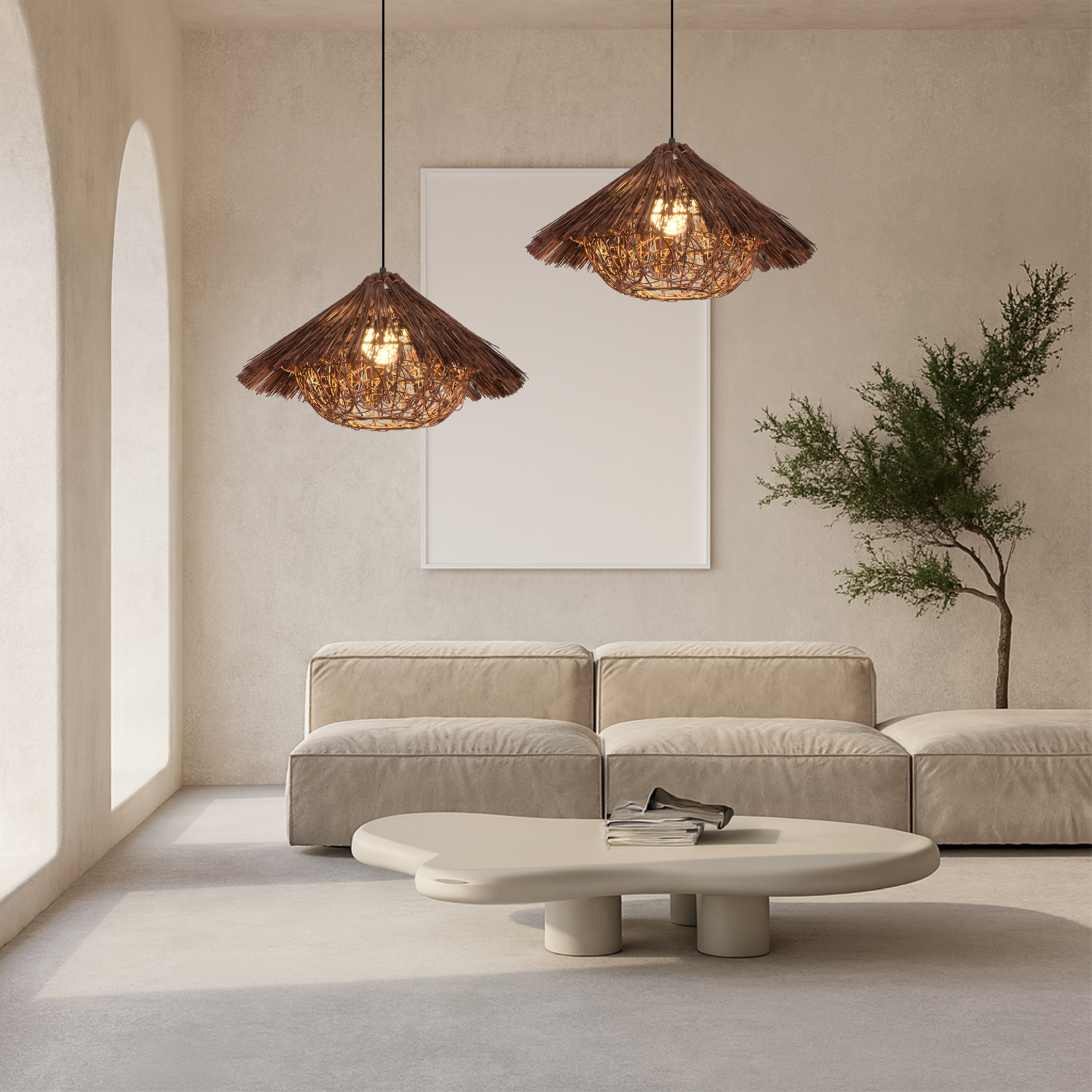BowLift | HANSI Rattan Pendant Lamp – Adjustable Height, Warm Light for Living Room, Dining Room, and Above Table