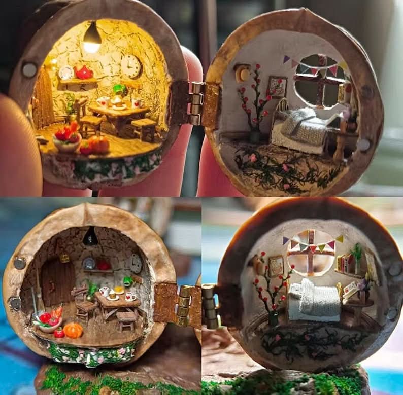 BowLift | Handmade dollhouse made from walnut shells with interior lighting