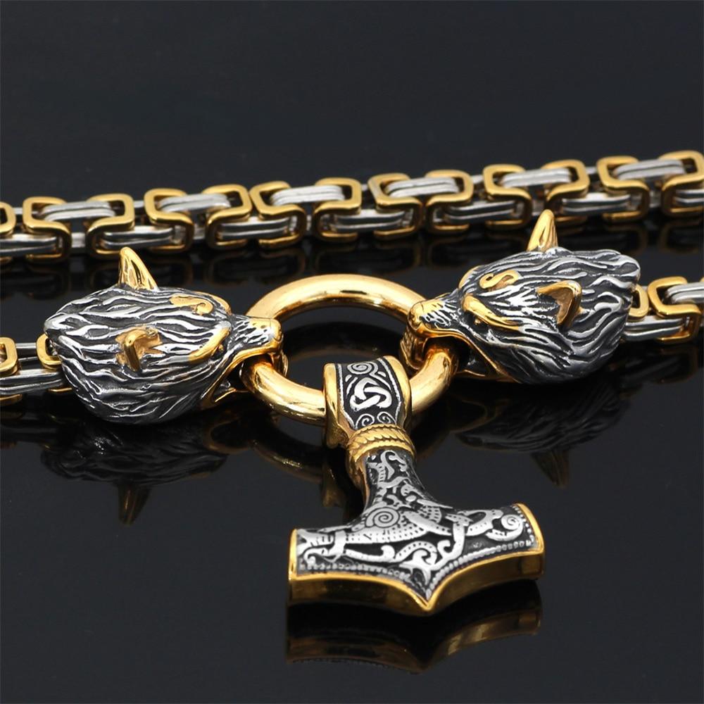 BowLift | 60–90 cm Stainless Steel Double Wolf Head & Mjolnir Survival Spirit Necklace/Bracelet