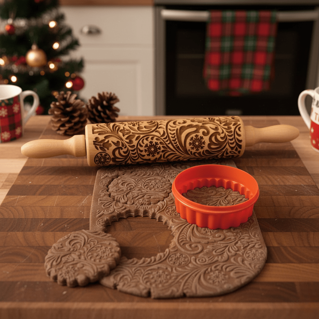 BowLift | Handmade rolling pin with decorative Christmas embossing