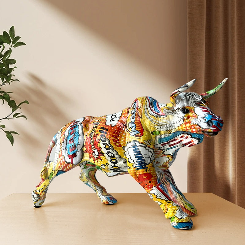 BowLift | Graffiti-Painting Resin Bull Figures Home Living Room Bedroom Office Desktop Feng Shui Ornaments Collection Statues