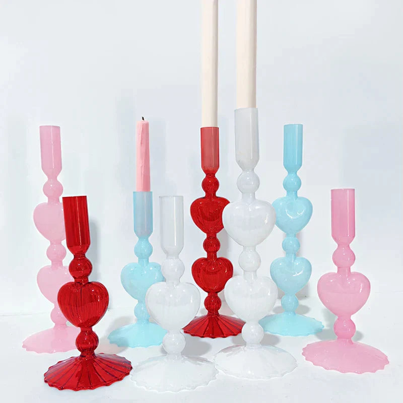 BowLift | Retro Taper Candle Holder Red Heart Shape Glass Candle Holder Wedding Table Decoration Home Party Glass Vase Decor