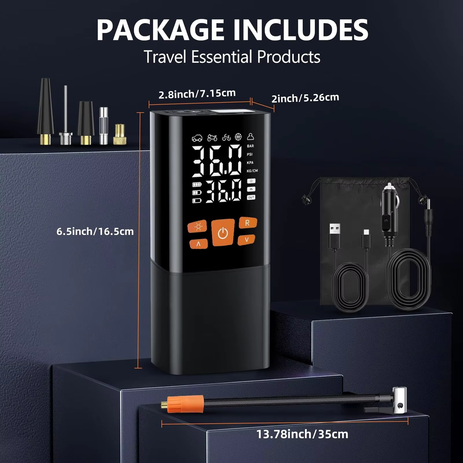 BowLift | Portable Tire Inflator Air Compressor, 180 PSI Rechargeable Pump with 25000mAh Battery