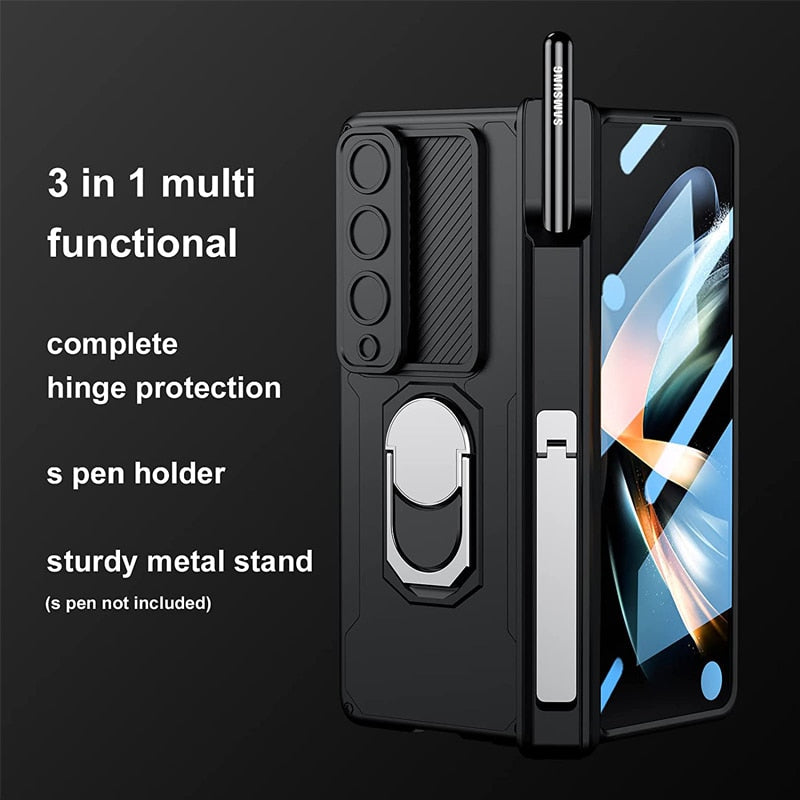 BowLift | Luxury Case with S Pen Holder and Hinge Screen Protection Ring Stand Case for Samsung Galaxy Z Fold 5 Z Fold 4