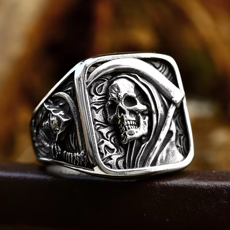BowLift | Grim Reaper Skull Ring for Men, Stainless Steel Punk Biker Jewelry
