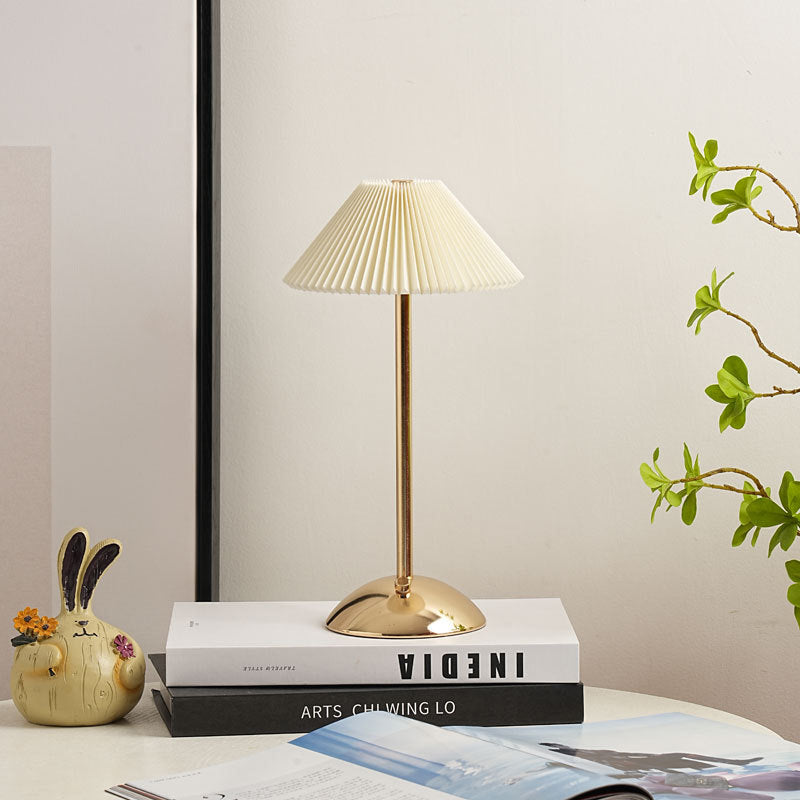 BowLift | Contemporary Scandinavian rechargeable iron fabric cone pleated LED table lamp for bedside