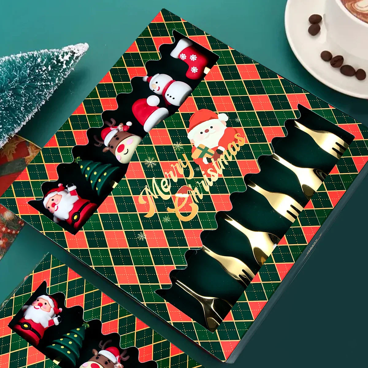 BowLift | GoldParty Christmas Cutlery Set – Luxury Gold Spoon and Fork with Santa Claus Design