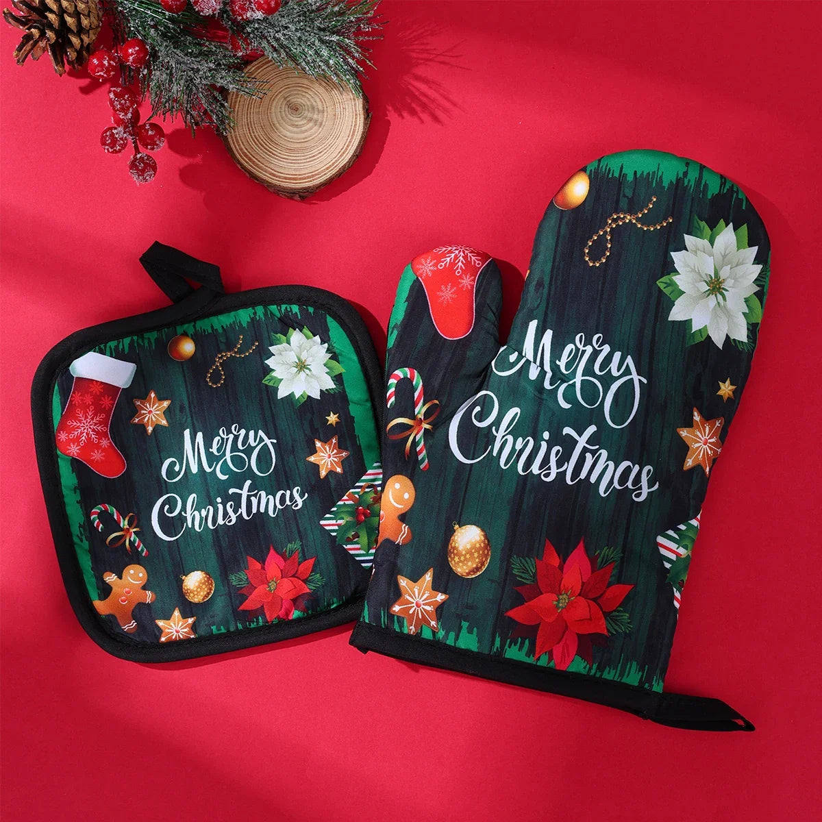 BowLift | HollyHeat Oven Gloves 2-Piece Set | Christmas Baking Gloves with Festive Design | Heat Resistant Kitchen Gloves for Christmas & New Year