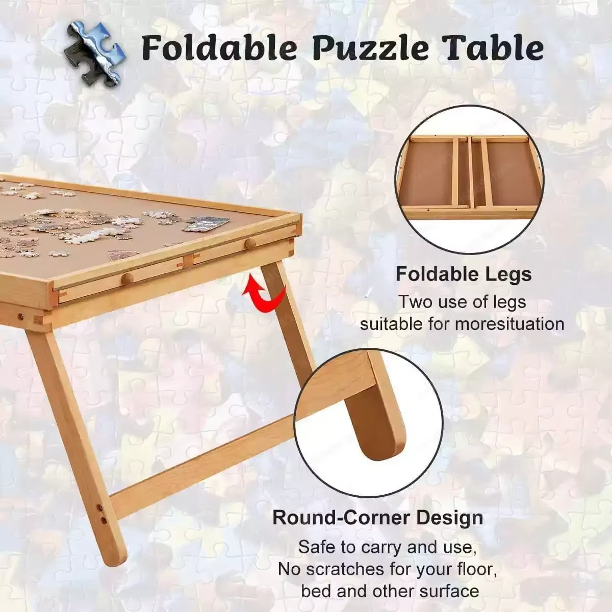 BowLift | Folding Wooden Puzzle Table with 4 Storage Drawers for Up to 1500 Pieces