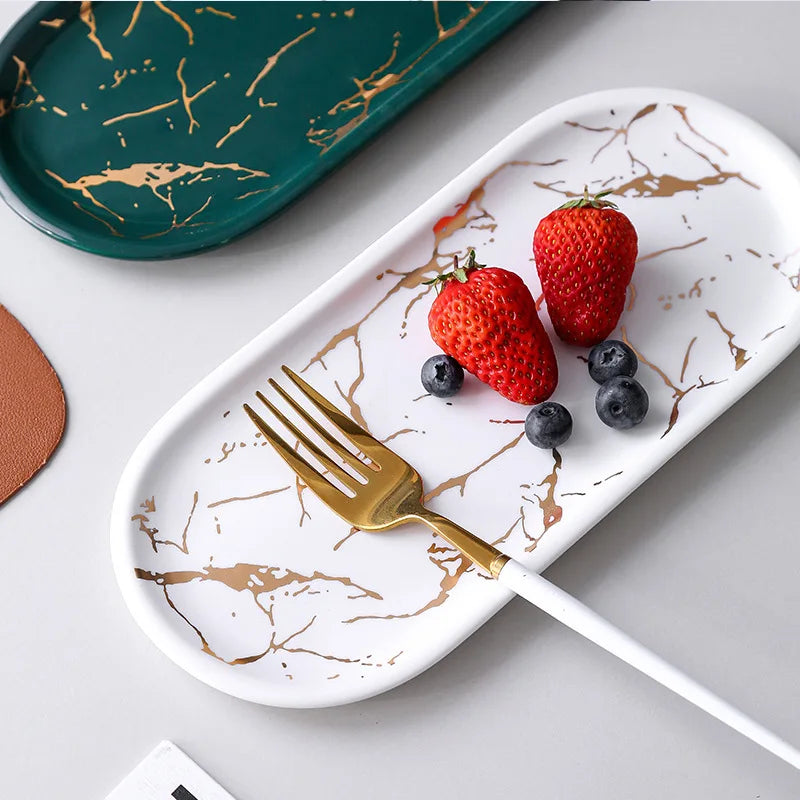 BowLift | Nordic Ins Ceramic Marble Oval Tray Jewelry Storage Tray Accessories Soap Holder Golden Wave Bathroom Cup Bath Decoration