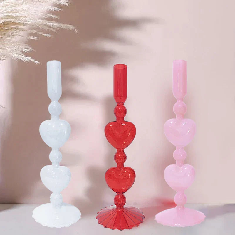 BowLift | Retro Taper Candle Holder Red Heart Shape Glass Candle Holder Wedding Table Decoration Home Party Glass Vase Decor