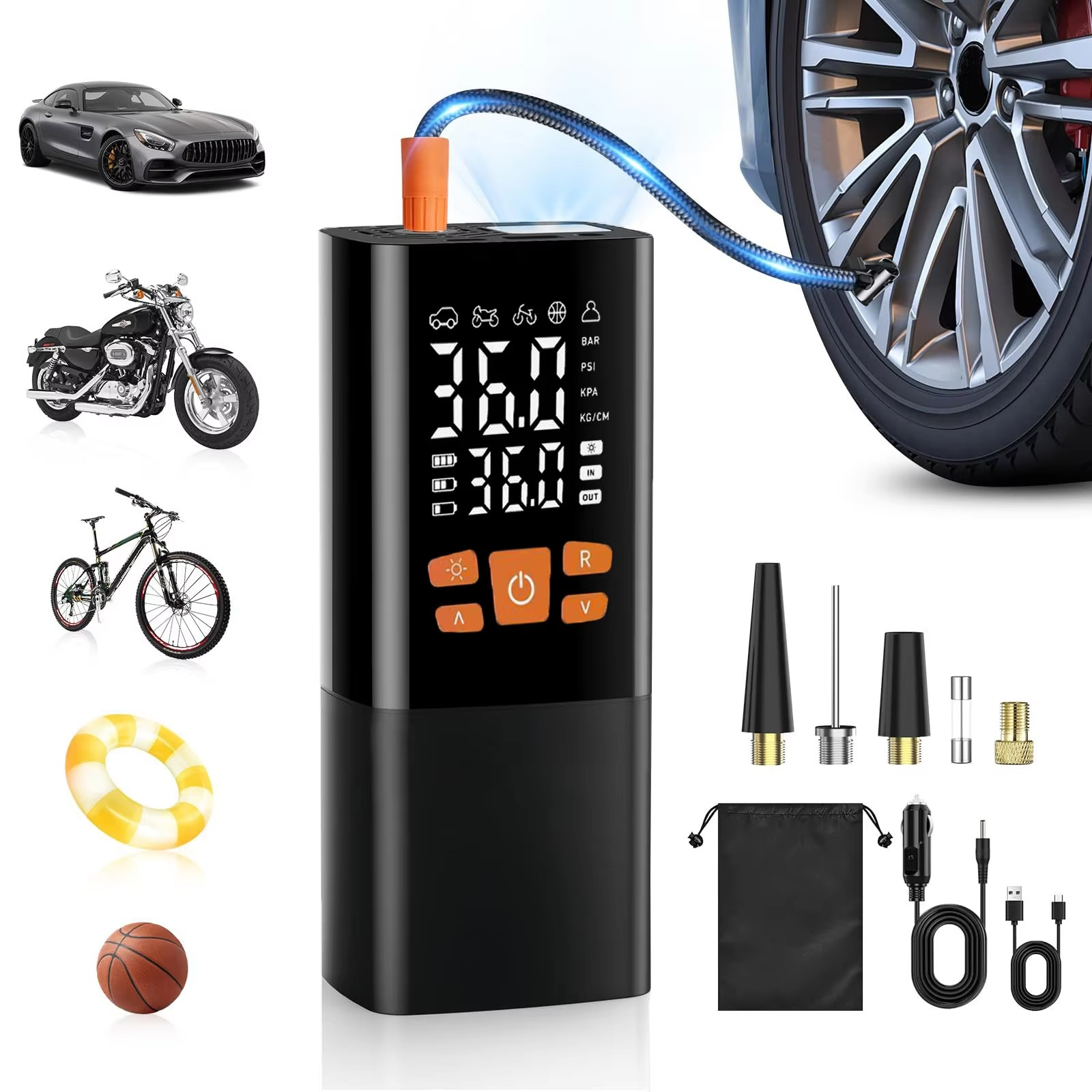 BowLift | Portable Tire Inflator Air Compressor, 180 PSI Rechargeable Pump with 25000mAh Battery
