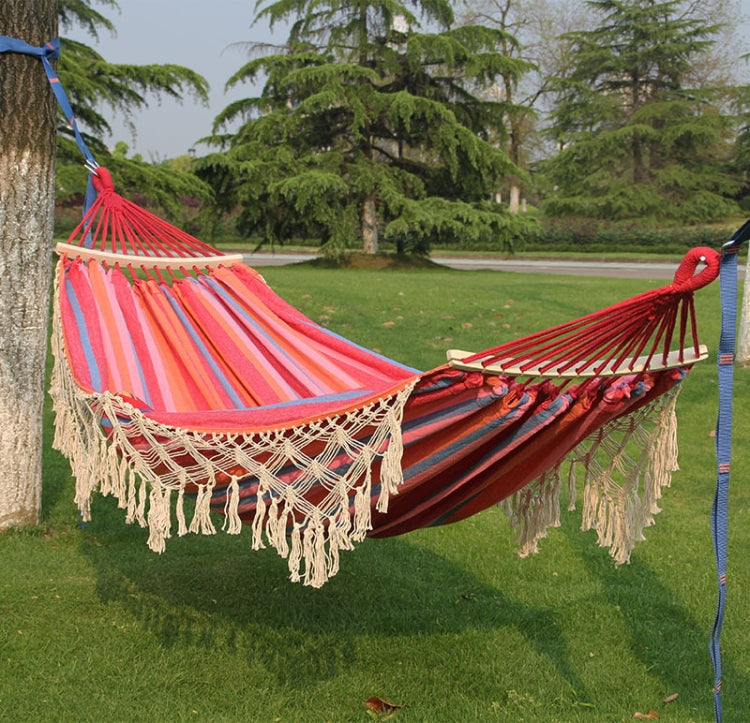 BowLift | 200x150cm Double Outdoor Camping Tassel Canvas Hammock with Rod (Pink Stripes)