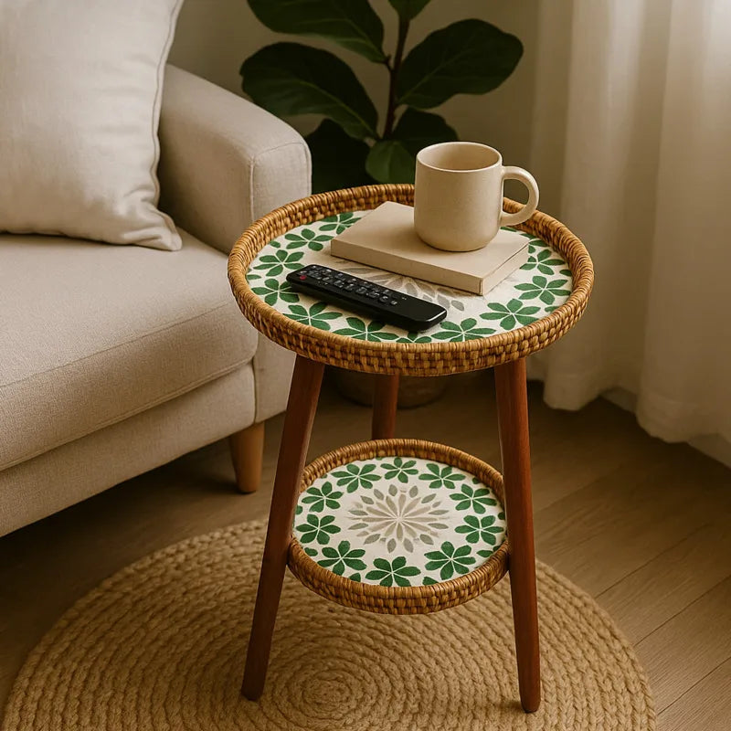 BowLift | Double Side Table with Artistic Mosaic Pattern - Rattan & Wood