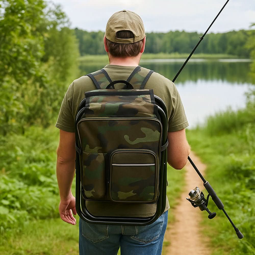 BowLift | 3-in-1 camouflage rucksack with folding chair & cooler compartment