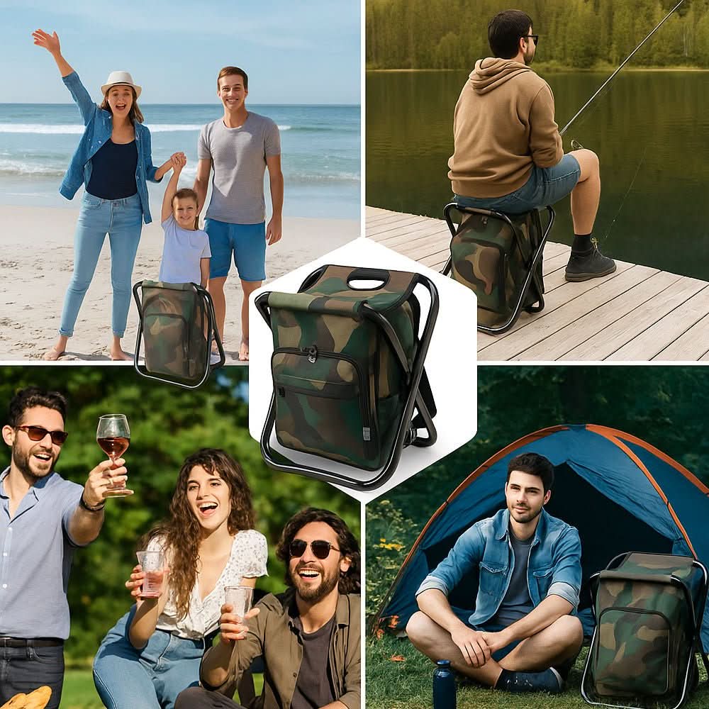 BowLift | 3-in-1 camouflage rucksack with folding chair & cooler compartment