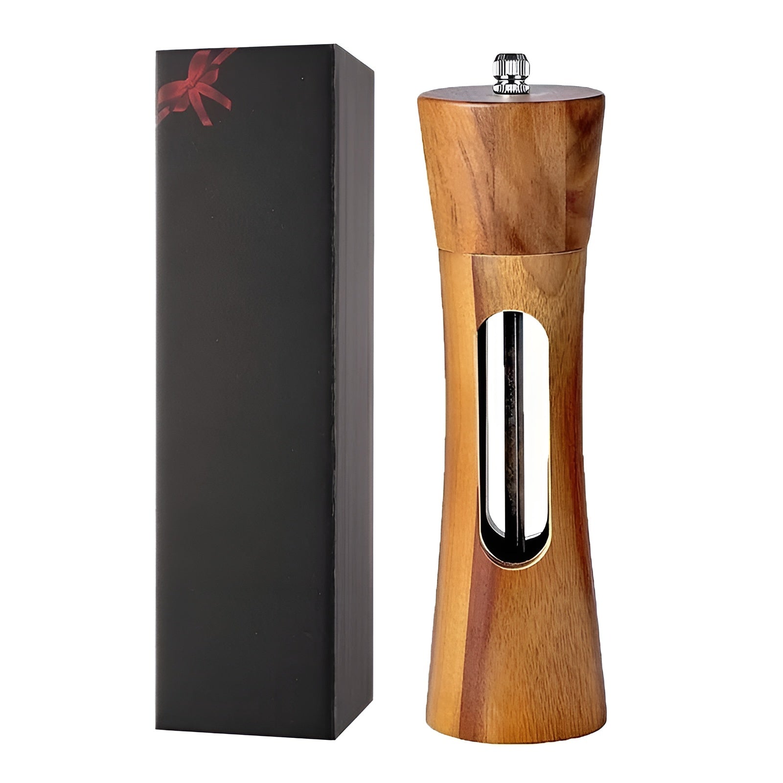 BowLift | SpiceCraft Manual Salt and Pepper Mill Set – Wooden Design with Acrylic Window Adjustable Grind Levels