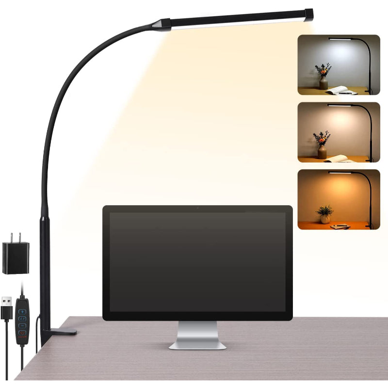 BowLift | LED Desk Lamp with Lamp, eye-friendly Clip-On Lights for the Home Office, 3 Modes 10 Brightness Levels, long flexible Gooseneck, Metal, Swing Arm Architect Task Desk Lamps with USB Adapter, White