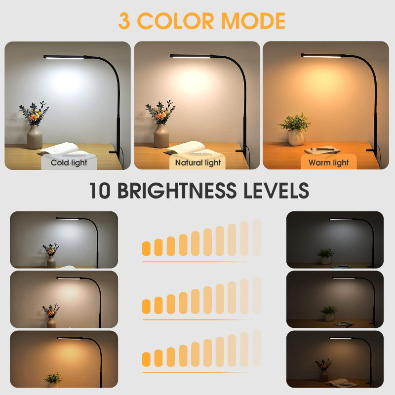 BowLift | LED Desk Lamp with Lamp, eye-friendly Clip-On Lights for the Home Office, 3 Modes 10 Brightness Levels, long flexible Gooseneck, Metal, Swing Arm Architect Task Desk Lamps with USB Adapter, White