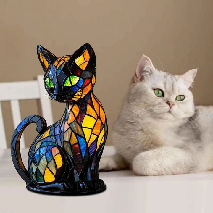 BowLift | Stained glass cat-shaped table lamp with LED lighting – 30-36 cm