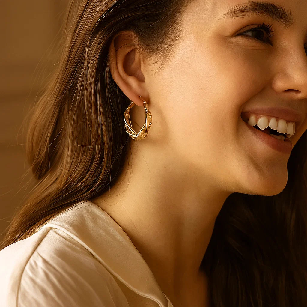 BowLift | Elegant Gold Colored Twisted Hoop Earrings with Mesh Pattern