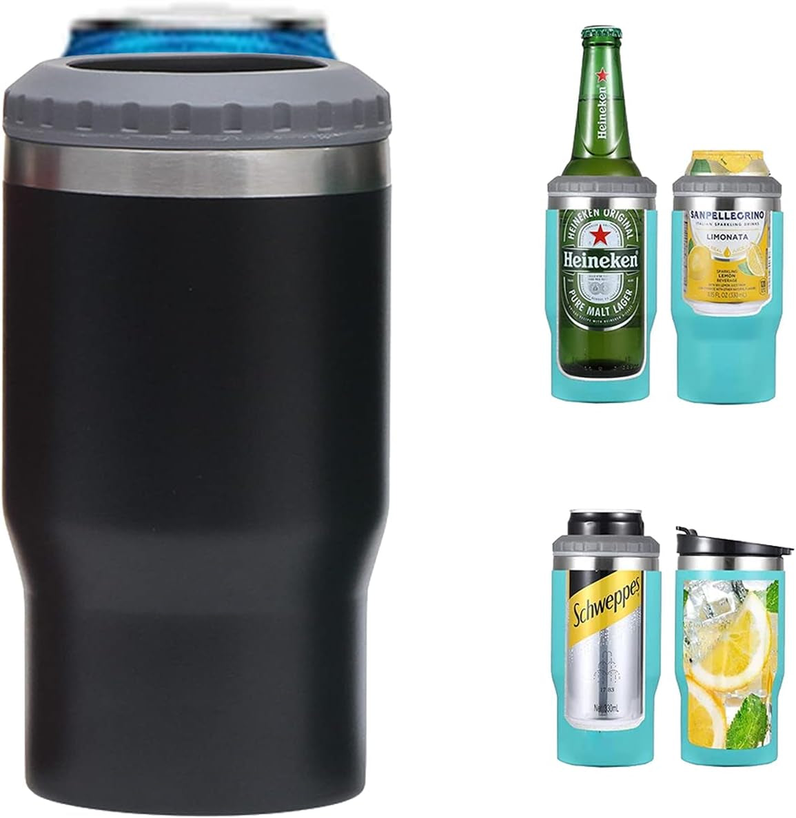BowLift | 4 in 1 stainless steel can/bottle insulator, 14Oz two-way lid SUS insulated can cooler, beer bottle holder (Black)