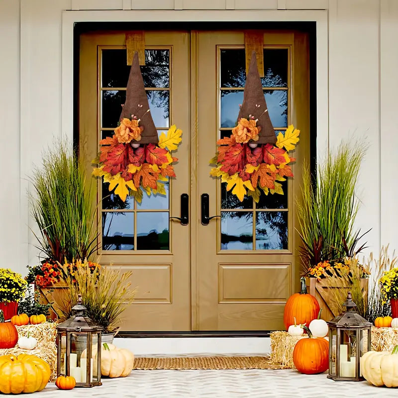 BowLift | Halloween Front Door Wreath | Fall Gnome & Maple Leaf Design | 16-Inch Rustic Decor